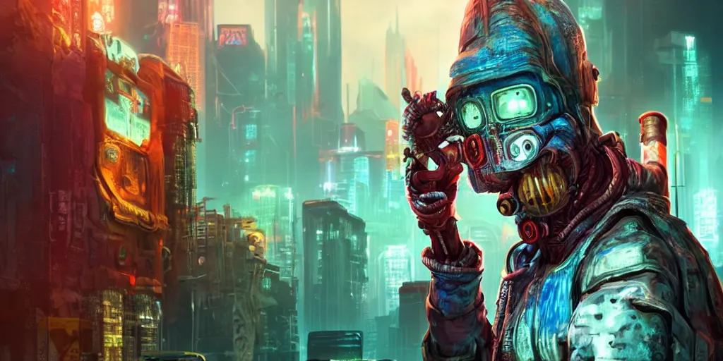 Image similar to a cyberpunk chtulhu creature enjoying a popsicle, closeup, fallout 5, studio lighting, deep colors, apocalyptic setting, vertically mirrored city in background