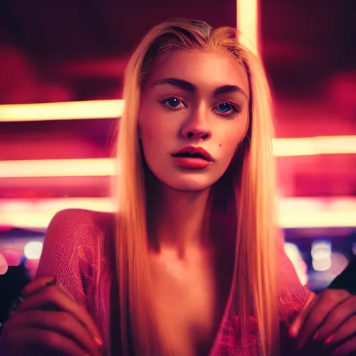 Prompt: high quality portrait photo of a caucasian female model with detailed face. she has long blonde hair and sit at a table in neon cyberpunk restaurant. kodak portra 8 0 0