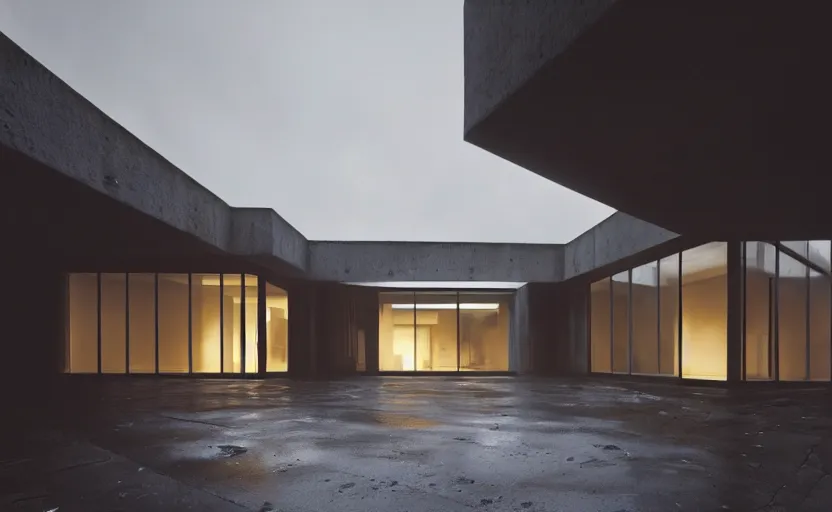 Prompt: An Exterior wide angle shot of a cyberpunk brutalist architecture House with warmly lit windows by Peter zumthor and James Turrell, Greg Rutkowski and Craig Mullins , Dark atmospheric sad and cinematic lighting, Trending on artstation, Archviz, Archdaily, Deezen, Design milk, Architectural visualisation