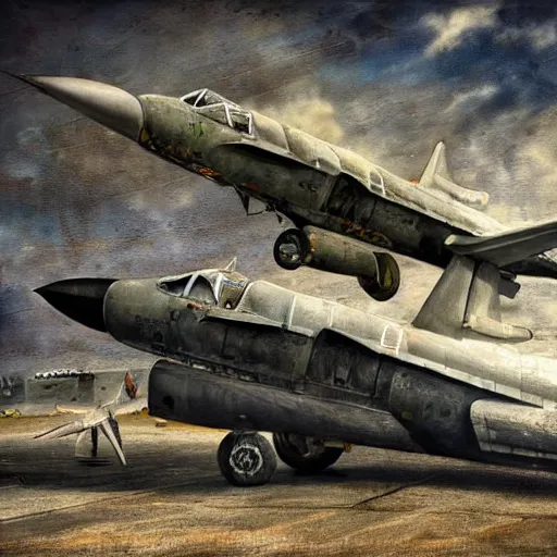 Image similar to broken and abandoned Military Jets on a tarmac, gothic art, color, highly detailed