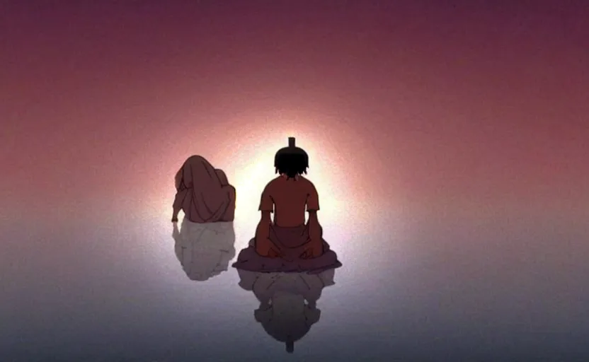 Image similar to a cell - shaded cartoon movie still from princess mononoke ( 1 9 9 7 ) of a middle eastern imam kneeling in prayer to an elegant angel in the lotus position in a flooded desert town with shafts of sunlight from above. very dull muted colors, hd, 4 k, hq