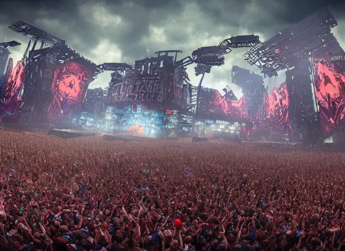 Image similar to ultra realistic, view of the mainstage of defqon 1 music festival in 2 0 5 0 by concept art by james jean, andrei riabovitchev, marc simonetti, yoshitaka amano, artstation, futuristic, octane render, sharp focus cinematic lighting, dramatic perspective, highly detailed, ultra realistic, masterpiece, 4 k, 8 k