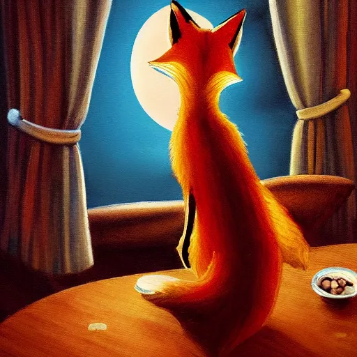 Prompt: humanoid fox detective in an evil restaurant. dark, moonlight through window. fine art, masterpiece painting, 4 k