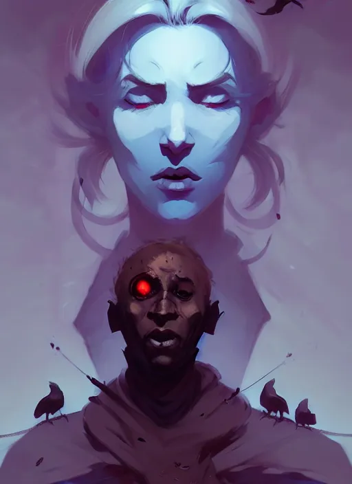 Image similar to ( ( ( ( ( portrait of male drow from dungeons and dragons surrounded by crows. ) ) ) ) ) by atey ghailan, by greg rutkowski, by greg tocchini, by james gilleard, by joe fenton, by kaethe butcher, dynamic lighting, gradient light blue, brown, blonde cream and white color scheme, grunge aesthetic