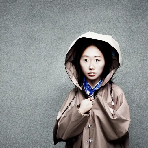 Prompt: A Chinese girl in a raincoat, hapless expression, big eyes, twisted braids, good skin, Photography