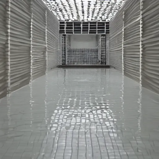 Prompt: photo of a vast interior space of irregular rooms and corridors, bizarre architecture. ceramic white tiles on all the walls. the floor is flooded with shallow water.