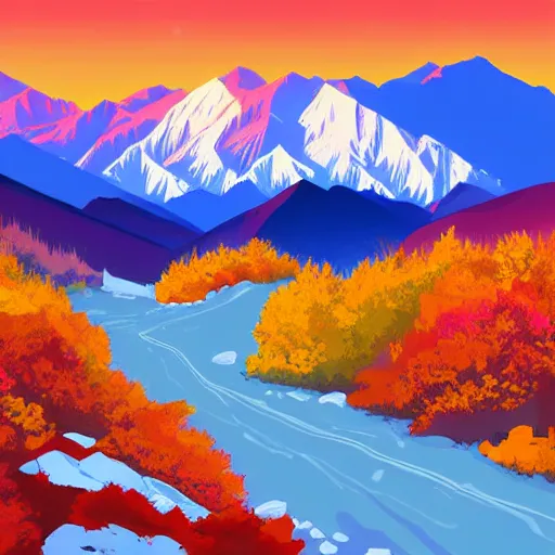 Image similar to flat design of Scenic fall landscape with snow-capped mountains in Denali National Park, Alaska, vivid colours, extremely colourful, magical, anime style, digital illustration, extremely realistic, accurate details, clean aesthetic, remove dirt and dust and scratches, denoise, smooth texture, 2d art