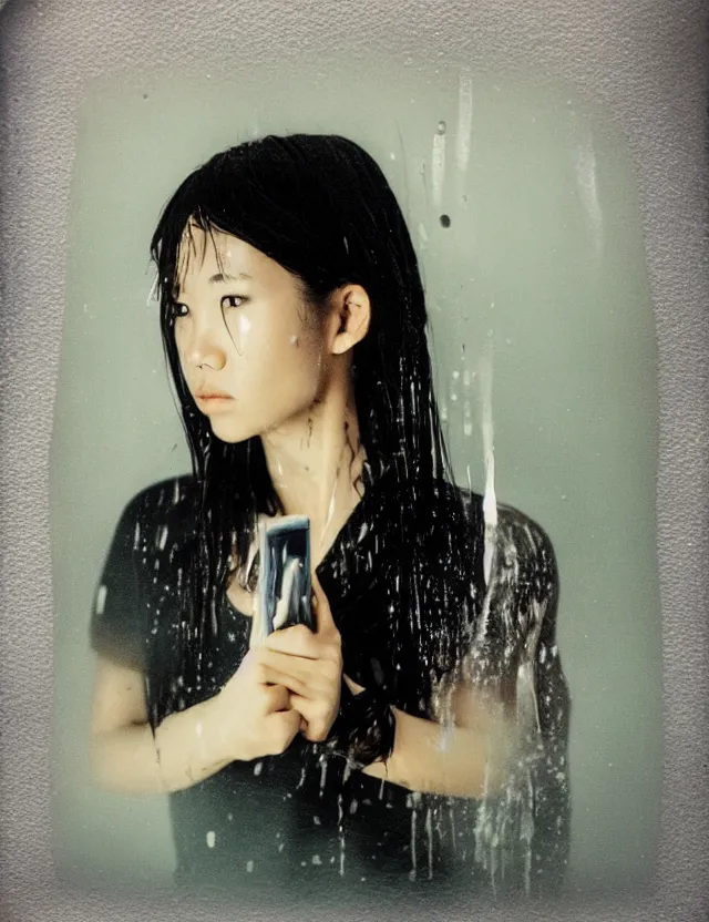 Prompt: polaroid photo with flash, portrait of a asian woman with glossy skin and wet hair in style of matrix, polaroid photo bleached strong lights, kodak film stock, hyper real, stunning moody cinematography, with anamorphic lenses, by maripol, detailed