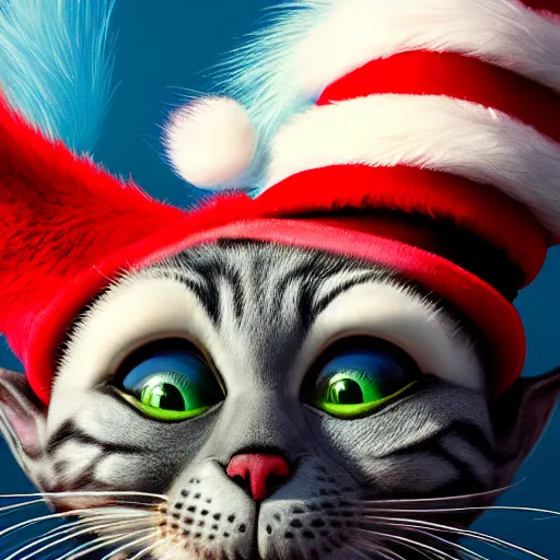 Image similar to complex 3 d render, hyper detailed, ultra sharp, of the cat in the hat, scary, comical, cinematic, natural soft light, rim light, octane render, artstation, art by artgerm and greg rutkowski and alberto seveso, dr seuss