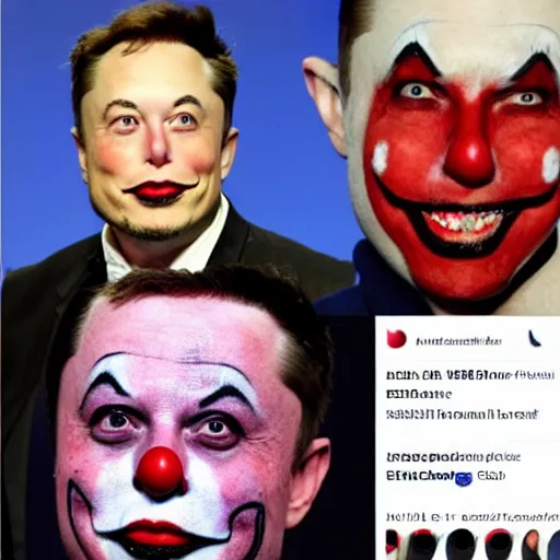 Prompt: Elon Musk with colorful clown makeup whiteface all over his face