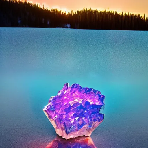 Prompt: abstract crystal sculpture of a nebula floating above a clear blue lake in the middle of an evergreen forest at dawn