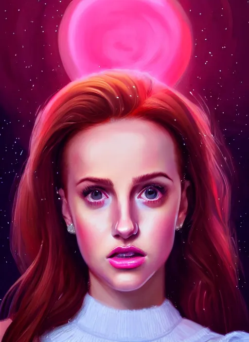 Image similar to full body portrait of teenage cheryl blossom, bangs, green eyes, sultry expression, red hair, sultry smirk, bangs and wavy hair, pink skirt, intricate, elegant, glowing lights, highly detailed, digital painting, artstation, concept art, smooth, sharp focus, illustration, art by wlop, mars ravelo and greg rutkowski