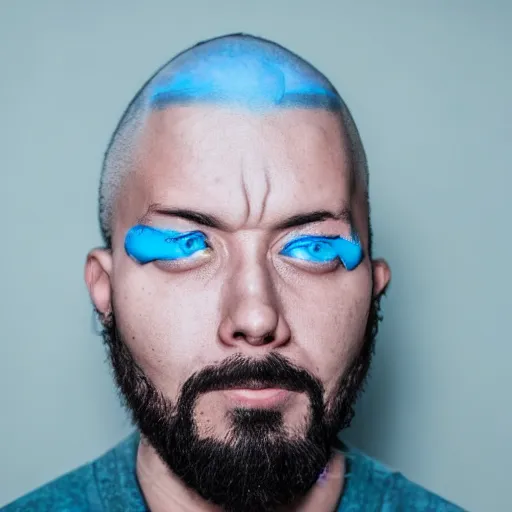 Image similar to fish eye lens close up photograph of a man with blue skin and a goatee side eyeing the camera with a sympathetic look