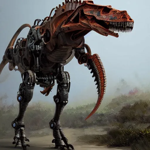 Image similar to a character art rendering of a robot T-rex made of mechanical parts, cartoonish psychedelic paleoart rendering, realistic dinosaur cyborg in the style of greg rutkowski, made with zbrush