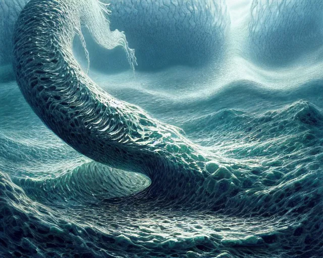 Image similar to a hyper - detailed 3 d render of animals of the aquatic ecosystem made of cresting waves, surrealism!!!!! surreal concept art, lifelike, photorealistic, digital painting, aesthetic, smooth, sharp focus, artstation hd, by greg rutkowski, klimt and nixeu and ian sprigger and wlop and krenz cushart,