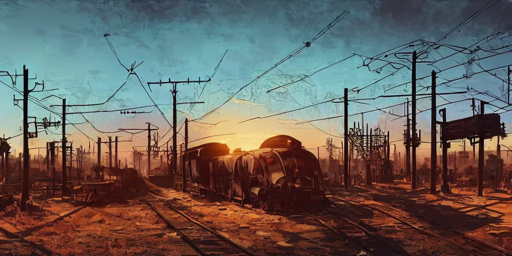 Prompt: train station roadside old west saloon cyber punk post apocalyptic telephone poles billboards cactus graveyard sunset sky clouds illustration by syd mead artstation 4 k 8 k graphic novel concept art matte painting unreal engine ue 5