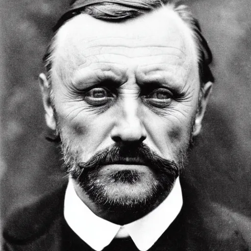 Prompt: headshot edwardian photograph of anthony hopkins, mads mikkelsen, arthur shelby, terrifying, scariest looking man alive, 1 8 9 0 s, london gang member, intimidating, fearsome, realistic face, peaky blinders, 1 9 0 0 s photography, 1 9 1 0 s, grainy, blurry, very faded!