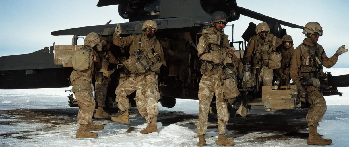 Image similar to establishing wide shot color movie like 3 5 mm photograph of a us soldier unloading metal crate from a black military 1 9 8 2 helicopter in antarctica