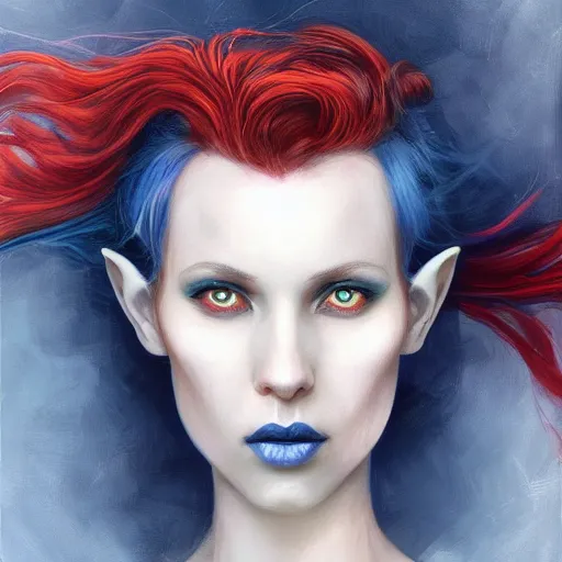 Image similar to A detailed matte oil on canvas head on symmetrical portrait of a distinguished elven woman with red and blue hair on an empty background, by Charlie bowater, Lise Deharme, Wlop, trending on artstationhd, dungeons and dragons art, parted hair , half blue, half red , split dye, critical role