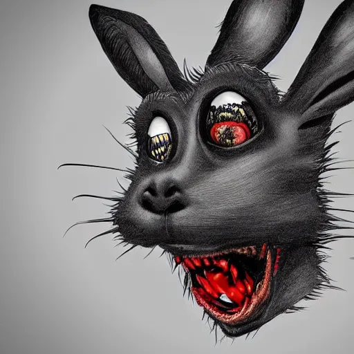 Image similar to A extremely highly detailed majestic hi-res beautiful, highly detailed head and shoulders portrait of a scary terrifying, horrifying, creepy black cartoon rabbit with scary big eyes, laughing and standing up wearing pants and a shirt in the style of Walt Disney