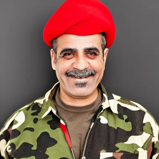 Image similar to professional portrait of a smiling middle aged arab man wearing military camouflage and a red beret, rainbow background, 8 k, intricate, detailed,