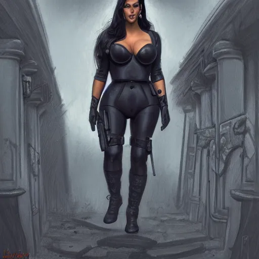 Image similar to kim kardashian as a cop, police uniform, full body view, full pov, scary graveyard, pretty, aesthetic, dust molecules, matte detailed photo, DeviantArt, Artstation, by donato giancola, ralph horley, loish, moonlit lighting