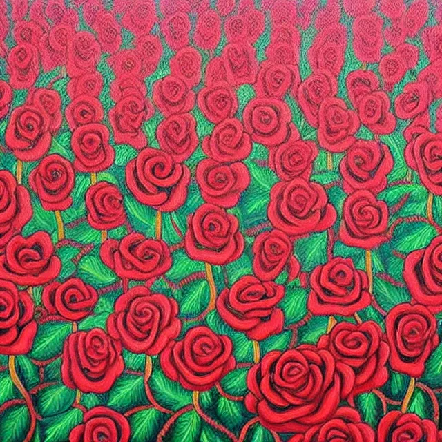 Image similar to a beautiful painting hundreds of roses in the rose garden are like small bristles, by kusama miyama realistic oil painting