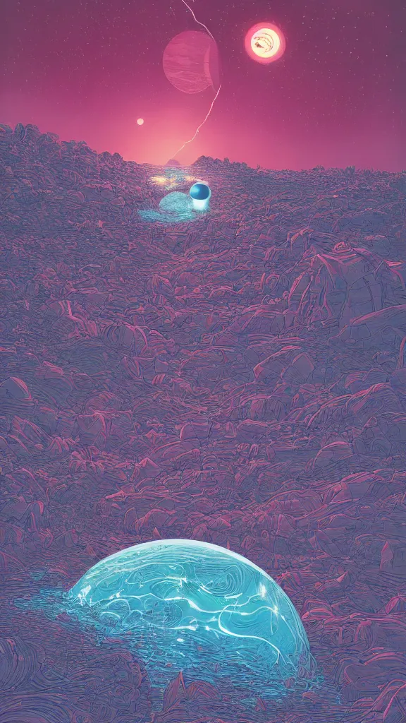 Image similar to highly detailed illustration of two planets colliding at night as seen from the beach by kilian eng, moebius, nico delort, oliver vernon, joseph moncada, damon soule, manabu ikeda, 4 k resolution