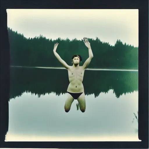 Prompt: semi translucent smiling @frog@ floating over misty lake in Jesus Christ pose, polaroid photography by Andrei Tarkovsky, paranormal, spiritual, mystical