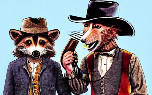 Image similar to photorealistic full - color storybook illustration of : during a hoedown at a saloon in the old west, an angry anthropomorphic raccoon dressed as a cowboy is having a duel with “ daniel day - lewis ” and they are holding revolvers. frightened “ nancy reagan ” is watching them. color professional hyper - realistic drawing.