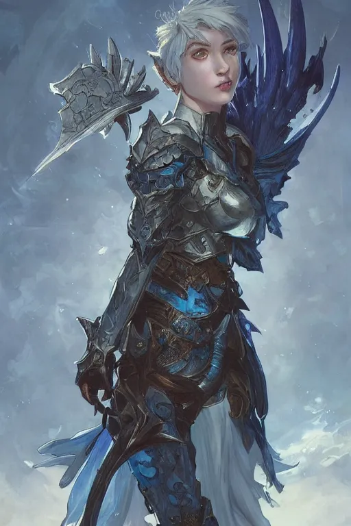 Image similar to Fantasy azure knight, moonlit, HD, illustration, epic, D&D, fantasy, intricate, elegant, highly detailed, digital painting, artstation, concept art, smooth, sharp focus, illustration, art by artgerm and greg rutkowski and alphonse mucha, monster hunter illustrations art book