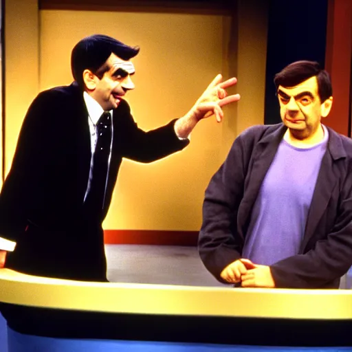 Prompt: mr. bean on the jerry springer show fighting with another guest. 3 5 mm film, movie still, tv show, talkshow