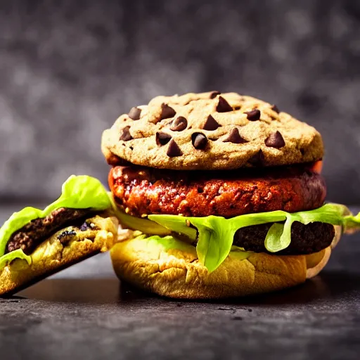 Image similar to a cheeseburger with chocolate chip cookie! bun, food photography, highly detailed, advertisement