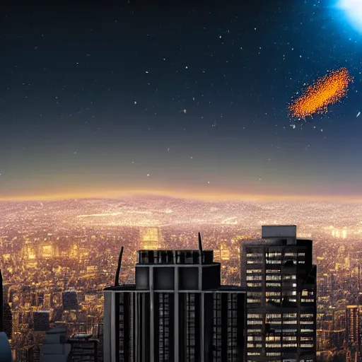 Prompt: a meteor falling from the sky over a cityscape. hyperrealistic, highly detailed, variable lighting