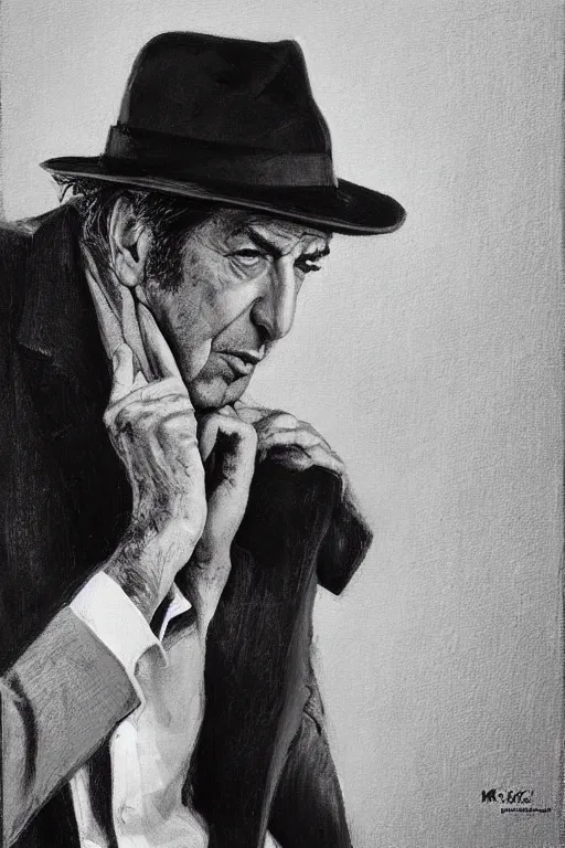 Image similar to “portrait of Leonard Cohen, impeccably dressed, wearing trilby hat, by mort kunstler”