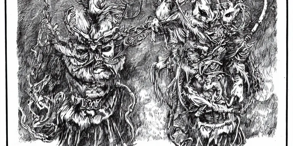 Prompt: scan of book with intricate ink drawings of tyrolean folklore masks, krampus, scary dark, dark ink, old paper