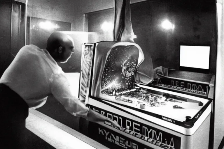 Image similar to pitbull using a computer while trapped in a pinball machine, over the shoulder perspective, in 1 9 8 5, y 2 k cybercore, industrial low - light photography, still from a kiyoshi kurosawa movie