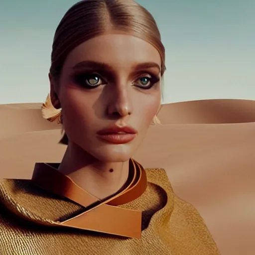 Prompt: fashion model face close up in year 3000 in desert, model wearing a surreal Avant-garde uniform,, shot from the movie Dune