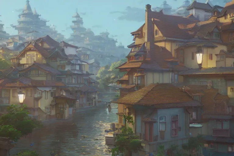 Image similar to a wholesome animation key shot of a traditional city with tiled roofs, medium shot, studio ghibli, pixar and disney animation, sharp, rendered in unreal engine 5, anime key art by greg rutkowski, bloom, dramatic lighting