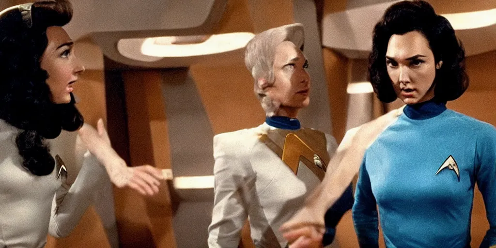 Image similar to a scene from Trouble with Tribbles, an episode of the original Star Trek series, with Gal Gadot, in Starfleet uniform, in the role of Captain Kirk