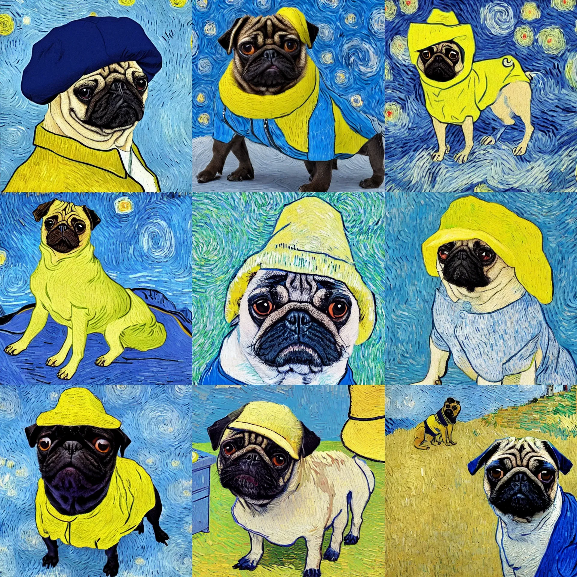 Prompt: a confused pug, wearing a blue jacket, a white shirt and a funny yellow hat as a Van Gogh painting