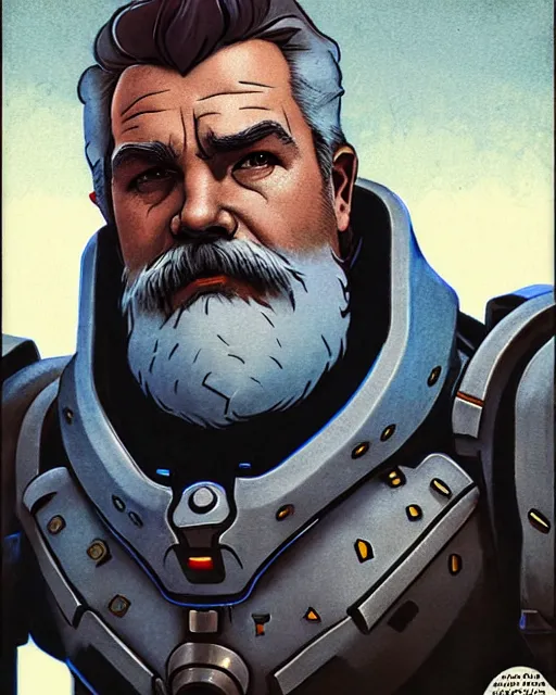 Image similar to reinhardt from overwatch, josh brolin, gray hair and beard, character portrait, portrait, close up, concept art, intricate details, highly detailed, vintage sci - fi poster, retro future, in the style of chris foss, rodger dean, moebius, michael whelan, and gustave dore