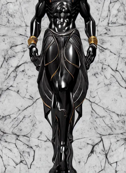 Image similar to stylized onyx black gold lines ornate statue full body made of marble of judas, perfect symmetrical body, perfect symmetrical face, hyper realistic, hyper detailed, by johannen voss, by michelangelo, octane render, blender, 8 k, displayed in bright studio room art deco