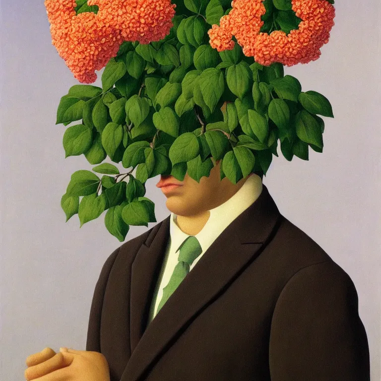 Image similar to portrait of a man, face hidden by beautiful flowers, by rene magritte, detailed painting, hd, hq, high resolution, high detail, 4 k, 8 k