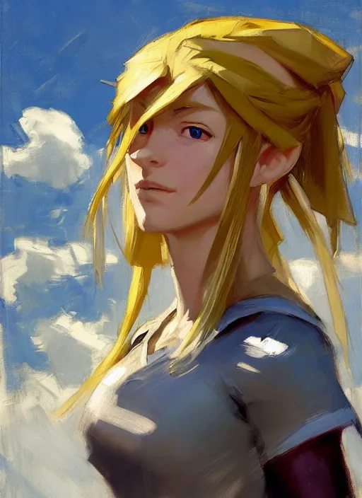 Image similar to Greg Manchess painting of a female Link from Legend of Zelda, countryside, calm, fantasy character portrait, dynamic pose, above view, sunny day, thunder clouds in the sky, artwork by Jeremy Lipkin and Giuseppe Dangelico Pino and Michael Garmash and Rob Rey, very coherent asymmetrical artwork, sharp edges, perfect face, simple form, 100mm