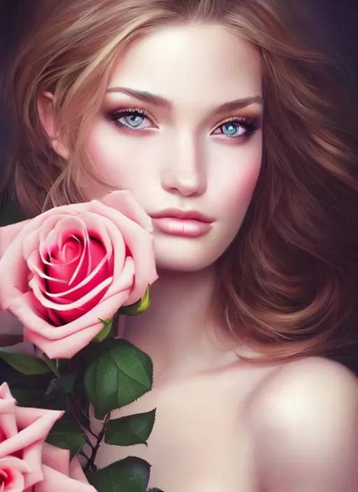 Image similar to a gorgeous female photo, professionally retouched, soft lighting, holding a bouquet of roses, realistic, smooth face, perfect eyes, wide angle, sharp focus on eyes, 8 k high definition, insanely detailed, intricate, elegant, art by artgerm