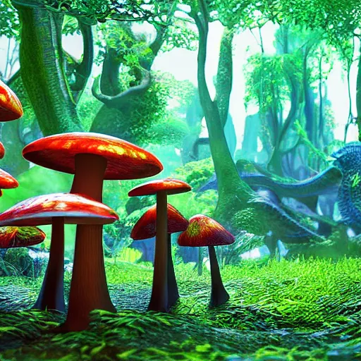 Image similar to liquid dragon in a bright glowing mushroom forest uhd ultra realistic ray traced 4 k highly detailed sharp lines