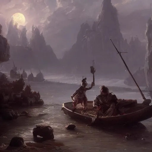 Image similar to giant crabs dragging a young gnome into a moonlit river, matte painting, fantasy art, by greg rutkowski, by andreas achenbach,