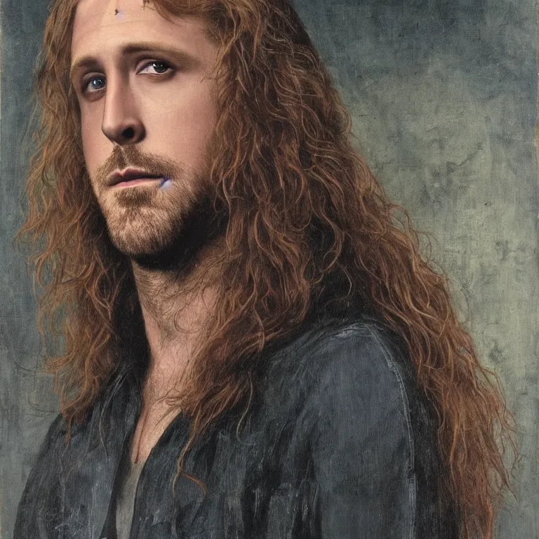 Image similar to Pre-Raphaelite portrait of actor, Ryan Gosling as the leader of a cult 1980s heavy metal band, with very long blond hair and grey eyes, high saturation