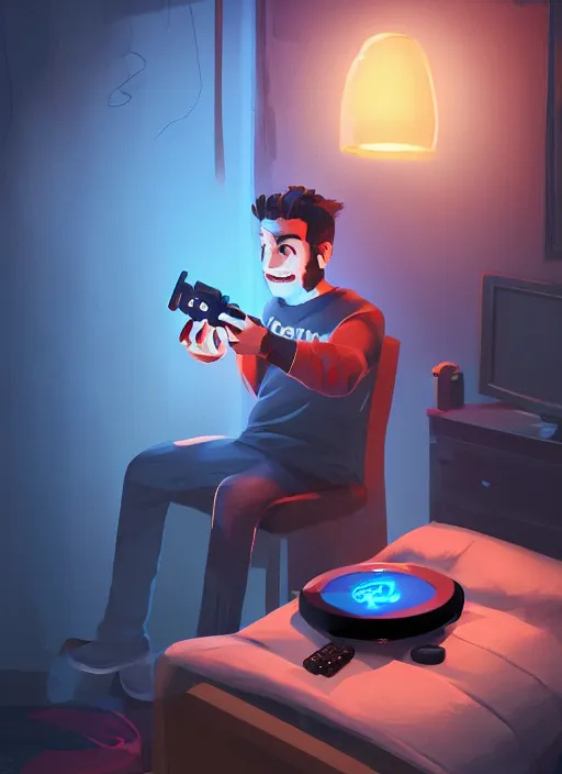 Prompt: video gamecore, gamecore, gamercore portrait of a man playin playstation 5 on his bedroom at night, cinematic perspective, trending in artstation, behance, deviantart